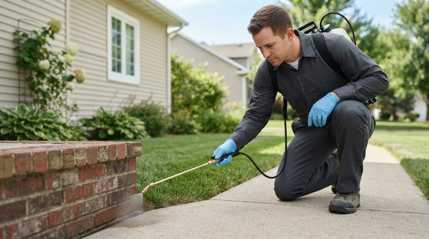 Pest control technician treating a home near Kingsville, MO