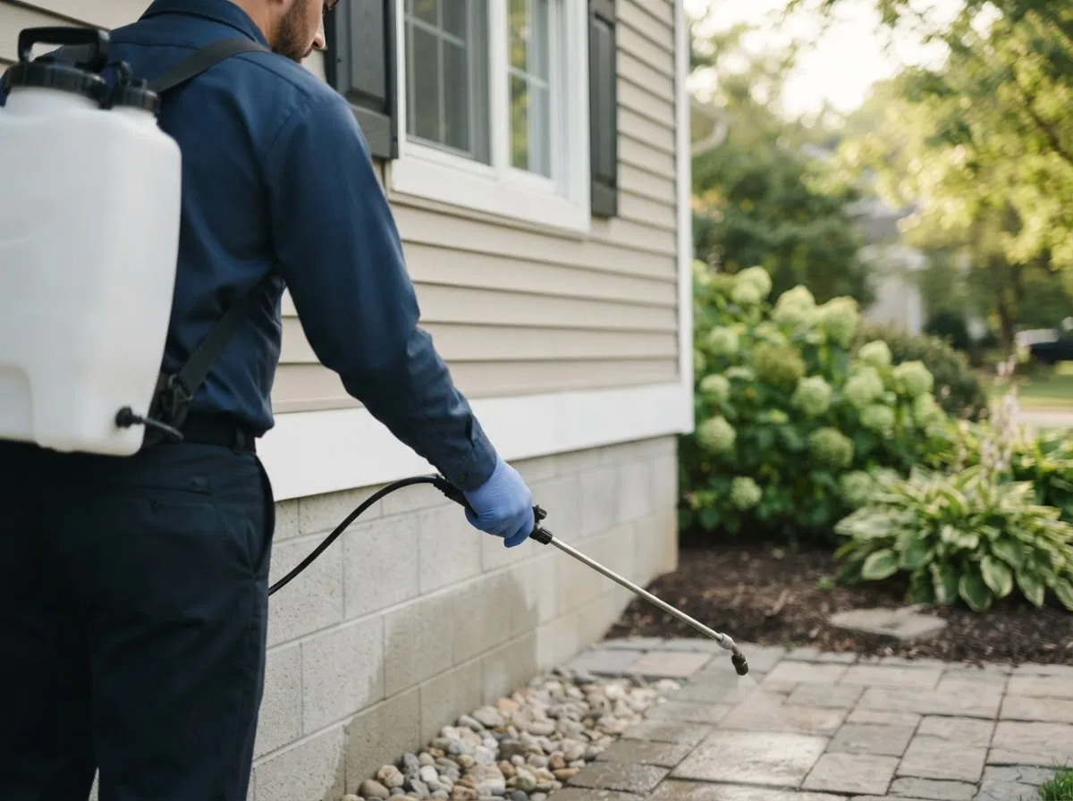 Pest control technician inspecting a home in Kingsville, MO